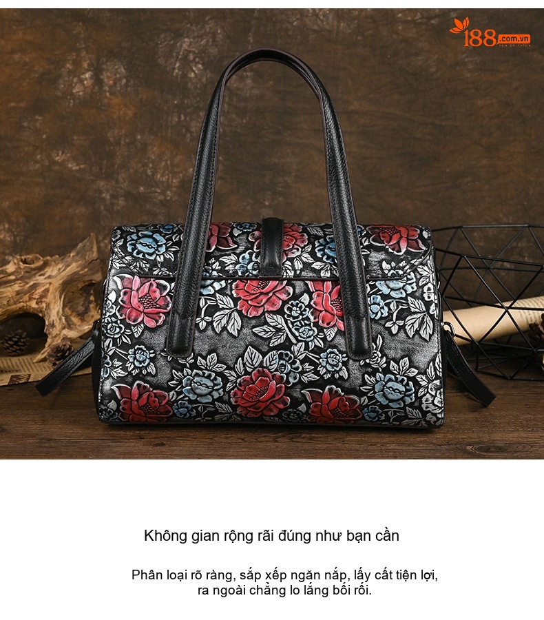 Túi Xách Tay Nữ Da Bò Khắc Hoa Văn Cổ Điển Đeo Chéo Màu Đen, Xanh Dương, Đỏ chi tiết 8
