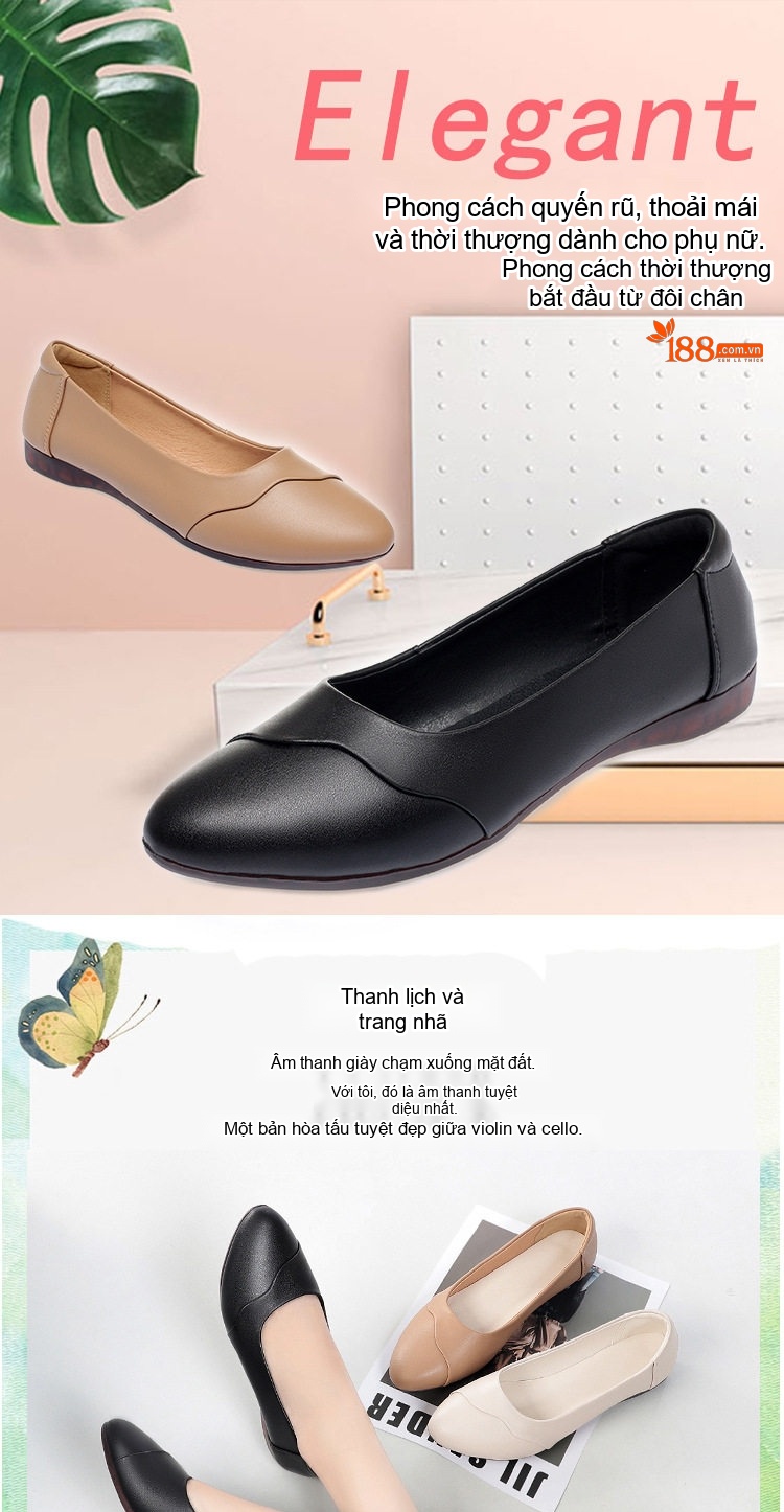 Giày Búp Bê Nữ Da Mềm Đế Mềm Thoải Mái Chiều Cao Đế Khoảng 1cm Màu Kem, Đen, Nâu chi tiết 1