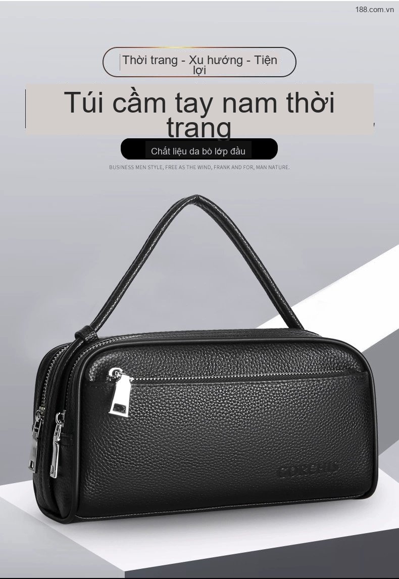 Ví Cầm Tay Nam Da Bò Đa Ngăn, Đựng Tiền, Điện Thoại Màu Đen chi tiết 2