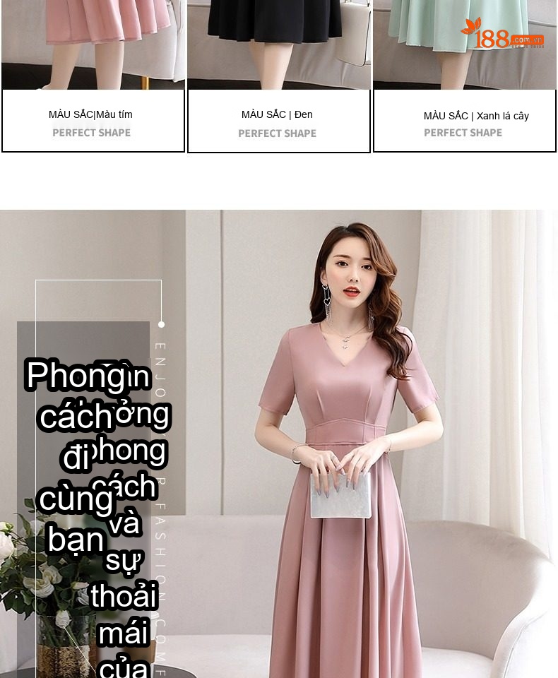 Váy Xòe Chữ A Cổ chữ V Tay Ngắn Thanh Lịch Màu Đen, Hồng, Xanh Mint chi tiết 4