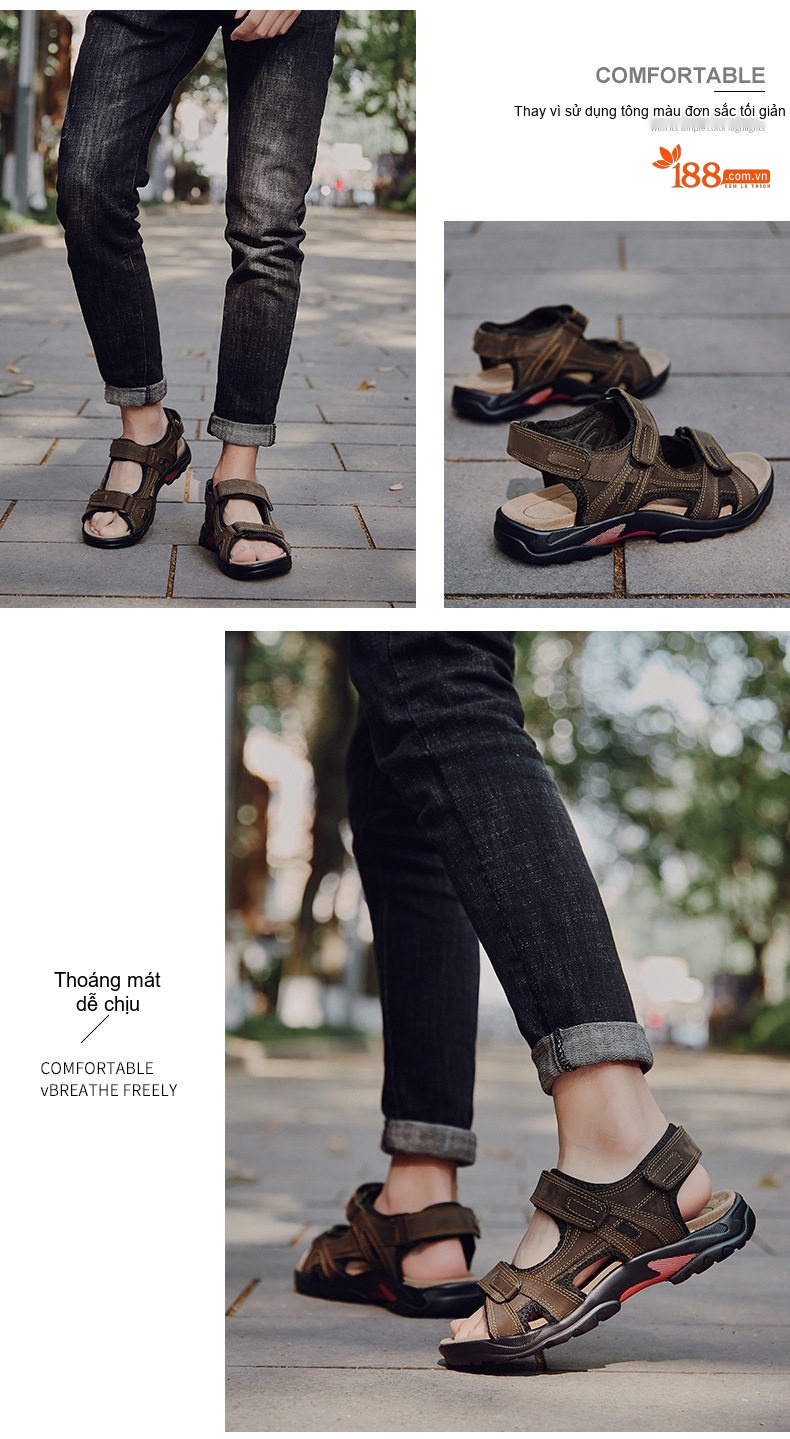Dép Sandal Nam Da Thật Hở Ngón Thoáng Khí Chống Mòn Chiều Cao Đế Khoảng 3cm Màu Nâu, Be chi tiết 6