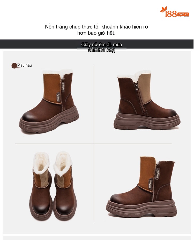 Boot Nữ Cổ Lửng Lót Lông Cừu Đế Dày Phong Cách Retro Chiều Cao Đế Khoảng 5cm Màu Nâu, Xanh Lá chi tiết 15