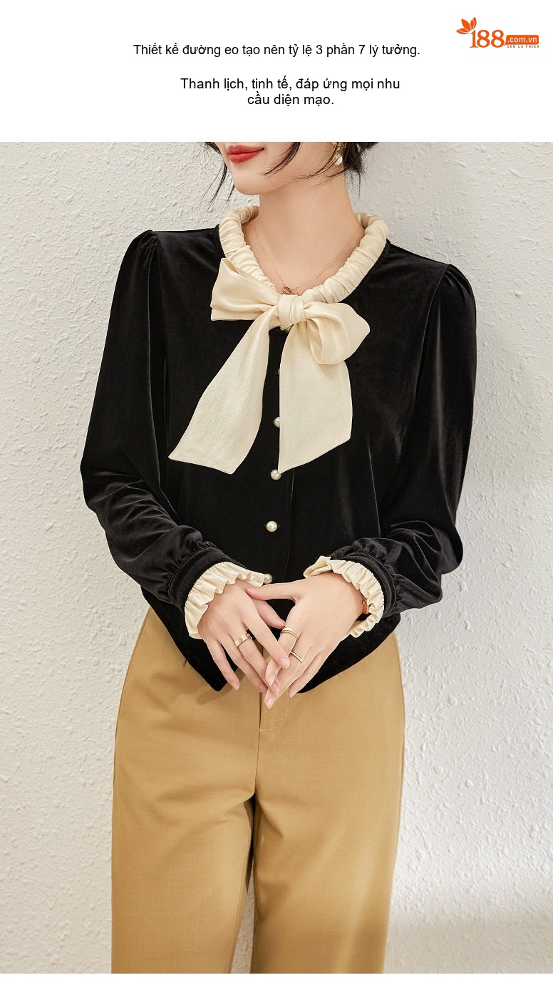 Áo Cardigan Nữ Nhung Nơ Cổ Điển Phong Cách Pháp Màu Đen, Kem chi tiết 5