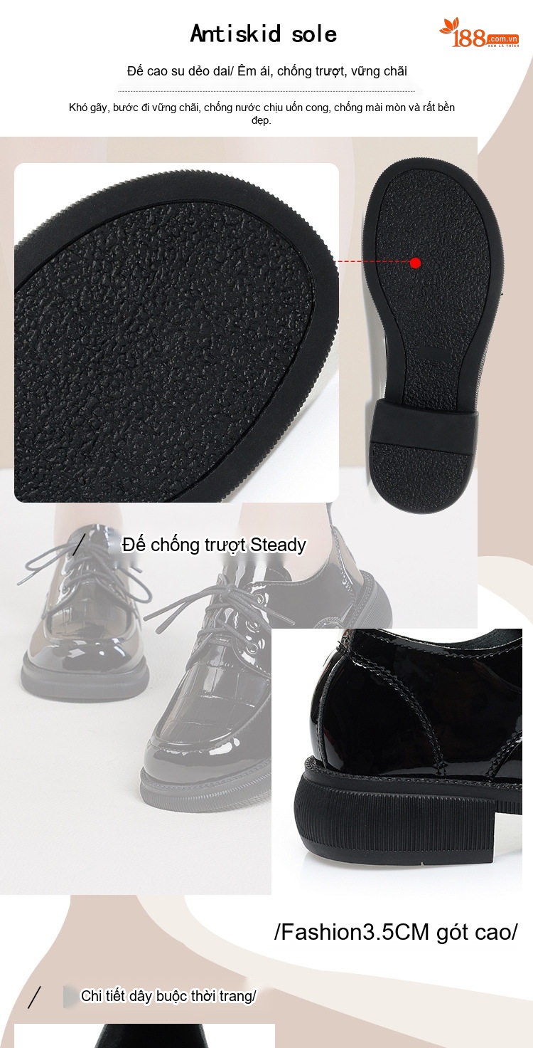 Giày Oxford Nữ Da Bóng Buộc Dây Phong Cách Anh Quốc Chiều Cao Đế Khoảng 4cm Màu Đen chi tiết 6