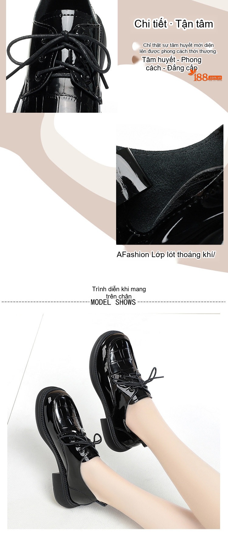 Giày Oxford Nữ Da Bóng Buộc Dây Phong Cách Anh Quốc Chiều Cao Đế Khoảng 4cm Màu Đen chi tiết 7