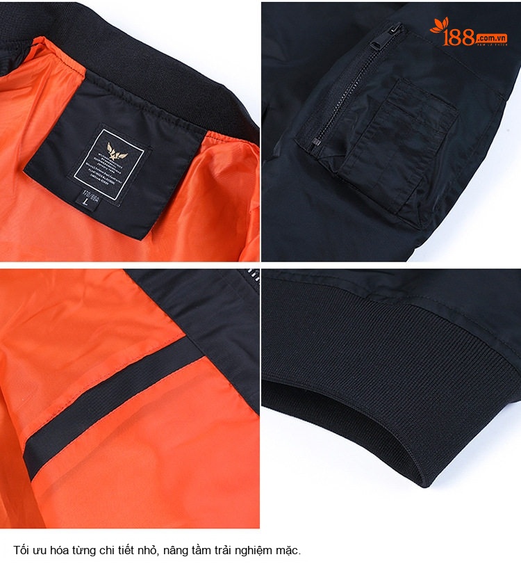 Áo Khoác Bomber Nam Cổ Trụ Phi Công MA1 Bề Mặt Bóng Màu Xanh Rêu, Đen chi tiết 11