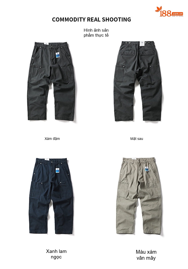 Quần Dài Nam Ống Đứng Túi Hộp Cotton Dáng Rộng Phong Cách Retro Nhật Bản Màu Đen, Xám, Xanh Navy chi tiết 2