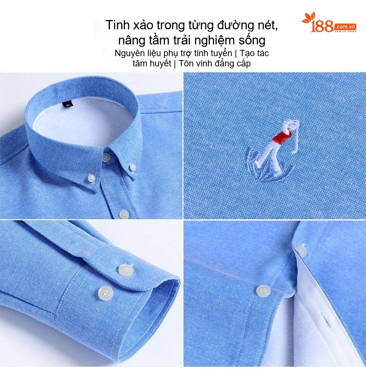 Áo Sơ Mi Nam Dài Tay Cotton Oxford Lót Lông Dày Dặn Thêu Hình Màu Xanh Dương, Xanh Navy, Tím, Đỏ... chi tiết 3