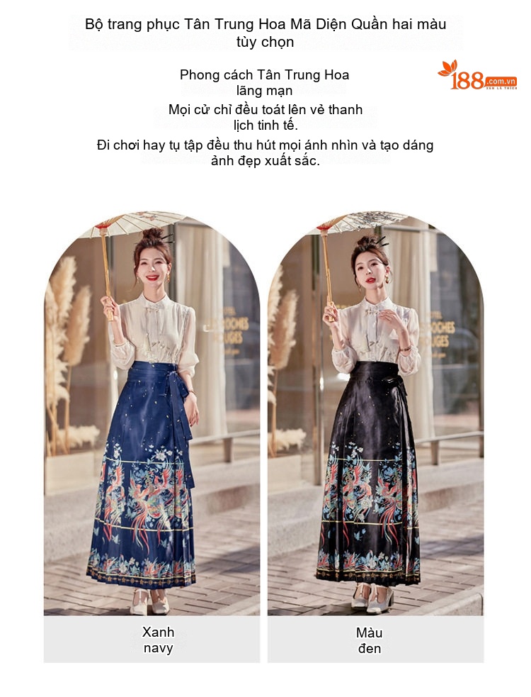 Set Áo Thêu Hoa Cổ Tàu Tay Lỡ và Chân Váy Mã Diện In Họa Tiết Phong Cách Trung Hoa chi tiết 2