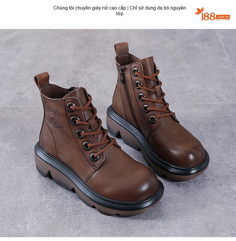 Boot Nữ Da Bò Cổ Cao Phong Cách Anh Quốc Chiều Cao Đế Khoảng 5cm Màu Nâu, Đen chi tiết 2