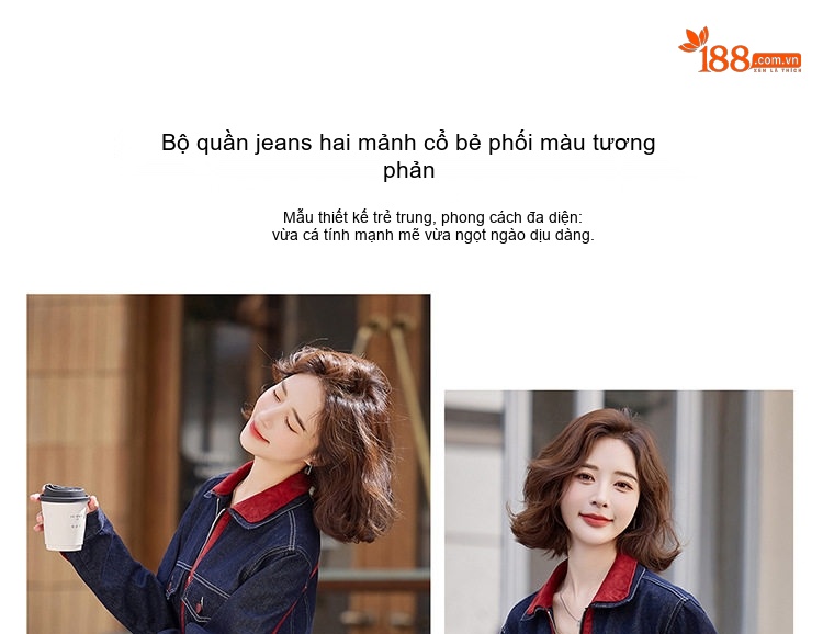 Set Áo Khoác Jean Nữ Cổ Bẻ Tay Dài Quần Ống Rộng Màu Xanh Jean chi tiết 2