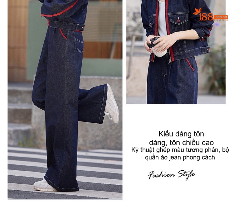 Set Áo Khoác Jean Nữ Cổ Bẻ Tay Dài Quần Ống Rộng Màu Xanh Jean chi tiết 3
