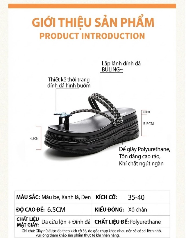 Dép Lê Nữ Quai Kẹp Đế Xuồng Dày Chiều Cao Đế Khoảng 5cm Đính Đá Màu Đen, Trắng, Kem chi tiết 27