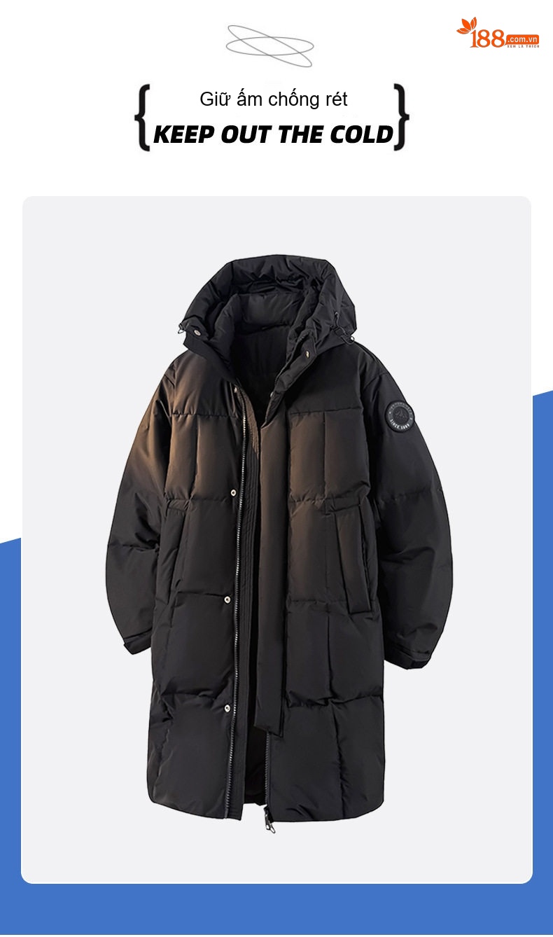 Áo Phao Dáng Dài 90% Lông Vịt Trắng Mũ Trùm Đầu Dày Dặn Phong Cách Unisex Màu Đen, Trắng, Xanh Navy chi tiết 9