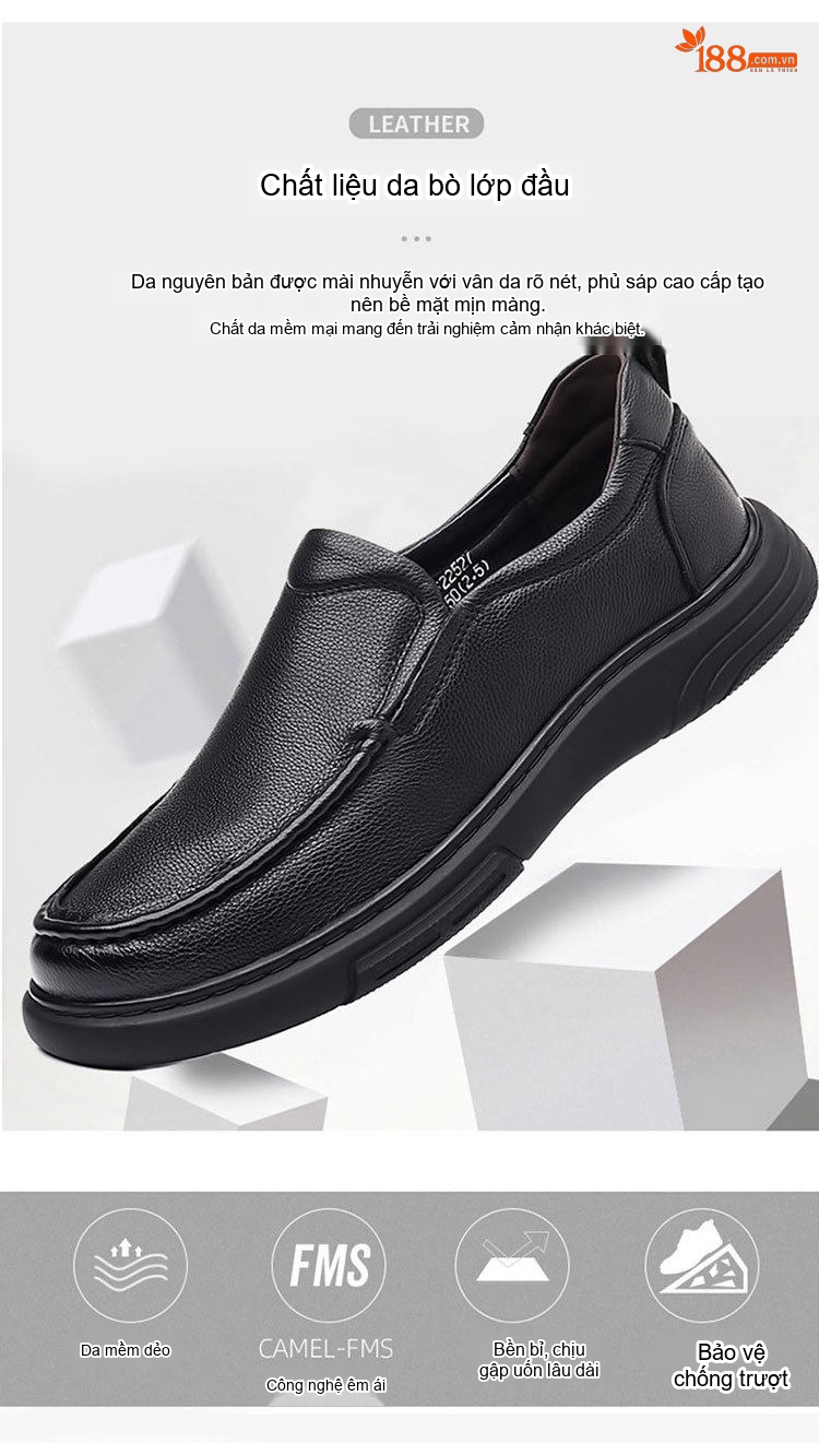 Giày Lười Nam Da Bò Đầu Tròn Chống Trượt Chiều Cao Đế Khoảng 3cm Màu Đen chi tiết 8