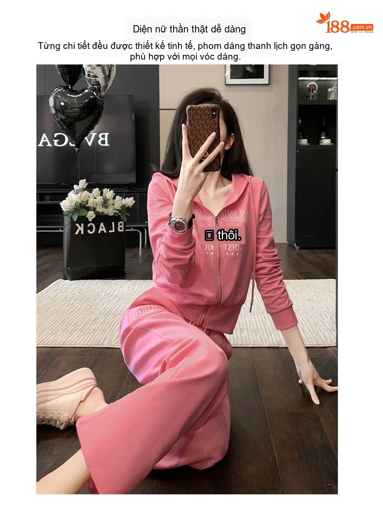 Bộ Quần Áo Nữ Thu Đông Phong Cách Hàn Quốc Cao Cấp, Áo Khoác Có Mũ Và Quần Ống Rộng Màu Hồng, Trắng chi tiết 5
