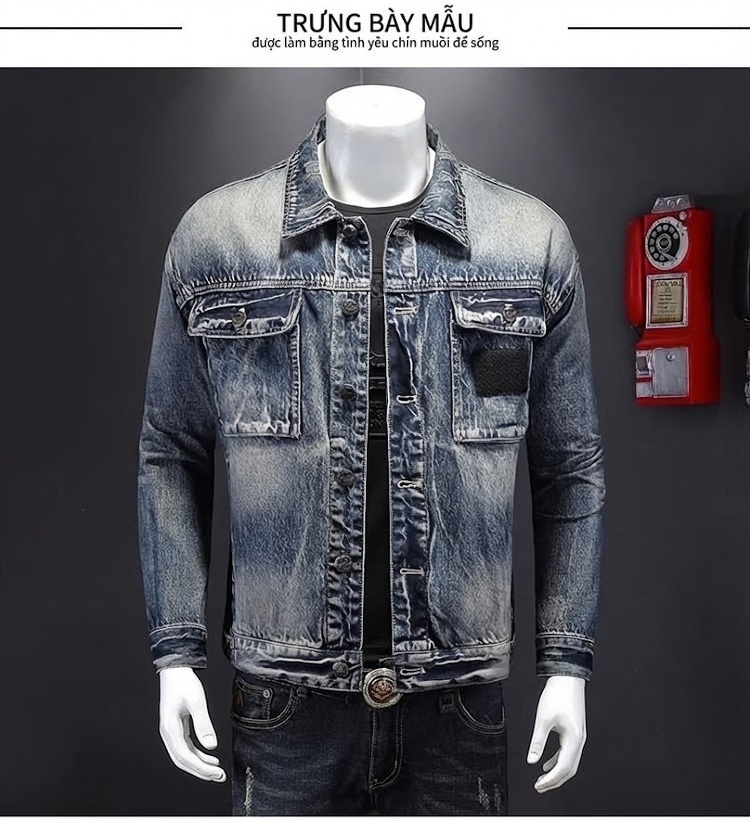 Áo Khoác Jeans Nam Cổ Bẻ Dáng Rộng Thêu Họa Tiết Màu Xanh Dương chi tiết 3