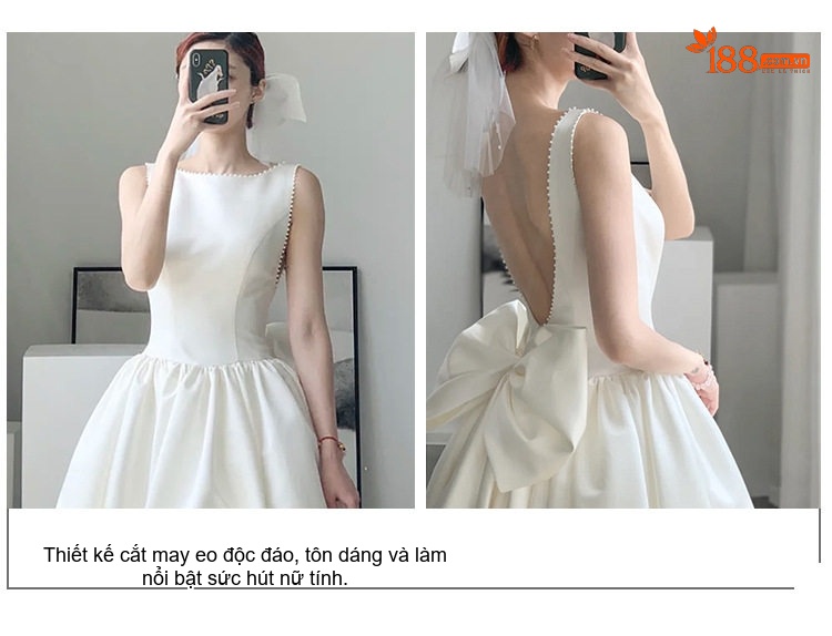 Váy Cưới Ngắn Satin Dự Tiệc Tùng Tốt Nghiệp Du Lịch Phong Cách Nữ Tính Màu Trắng chi tiết 3