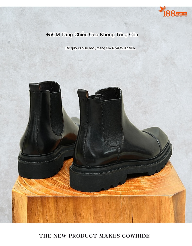 Giày Chelsea Boot Nam Da Bóng Cao Cổ Chiều Cao Đế Khoảng 4cm Màu Đen, Nâu Đỏ chi tiết 5