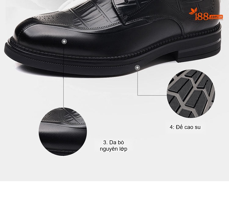 Giày Tây Buộc Dây Nam Da Bò Cao Cấp Chiều Cao Đế Khoảng 3cm Màu Đen chi tiết 9
