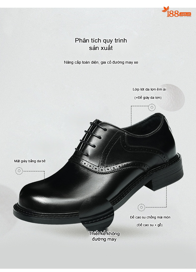 Giày Tây Buộc Dây Nam Da Thật Brogue Chiều Cao Đế Khoảng 3cm Màu Đen, Nâu chi tiết 3