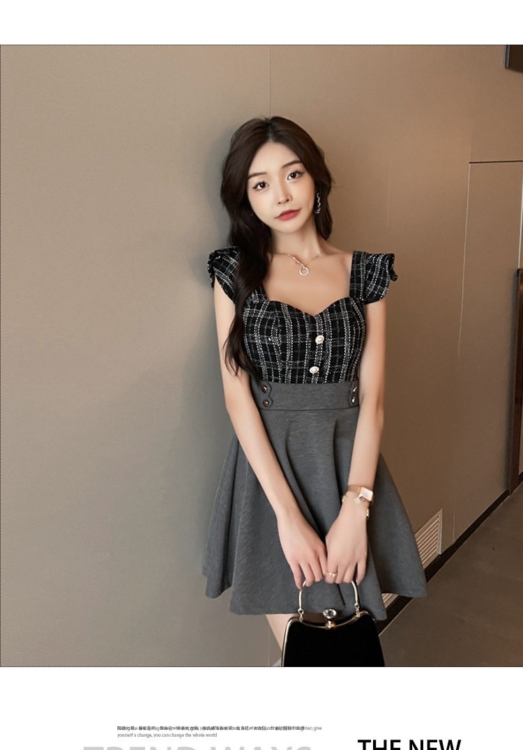Đầm Ngắn Nữ Cổ Chữ V Xẻ Sâu Thiết Kế Phối Màu dáng chữ A Màu Xám, Trắng chi tiết 1
