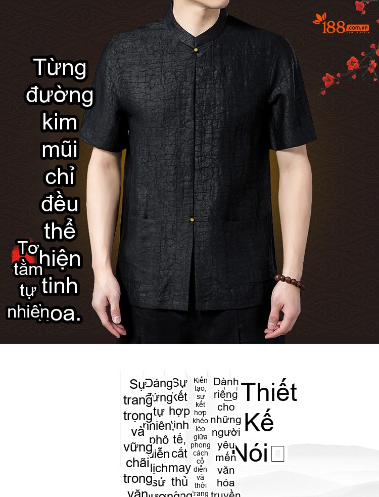 Áo Sơ Mi Nam Tay Ngắn Lụa Tơ Tằm Hương Vân Sa Thật 100% Cổ Tàu Phong Cách Đường Trang Màu Đen chi tiết 2