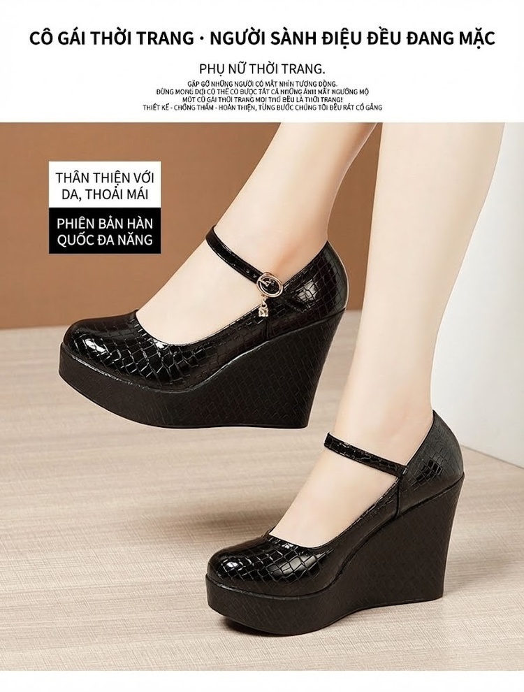 Giày Cao Gót Đế Xuồng Quai Ngang Da Bóng Chiều Cao Đế Khoảng 8cm Màu Đen, Trắng chi tiết 2