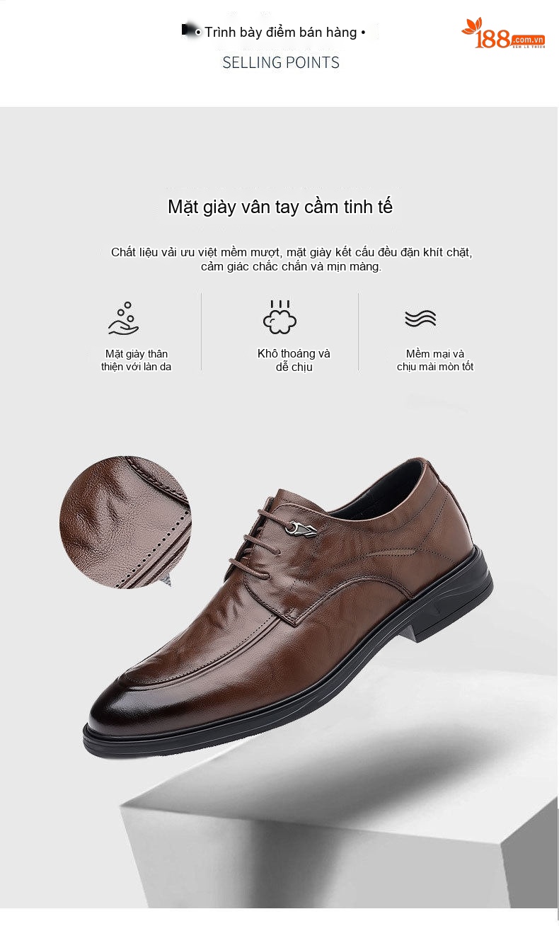 Giày Tây Buộc Dây Nam Da Thật Chiều Cao Đế Khoảng 3cm Màu Đen, Nâu chi tiết 5