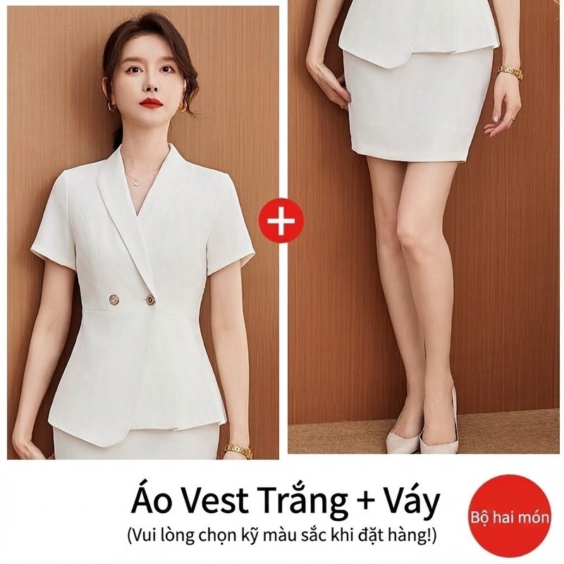 Áo Vest Tay Ngắn Nữ Công Sở Thanh Lịch Màu Trắng, Đen, Xanh Than