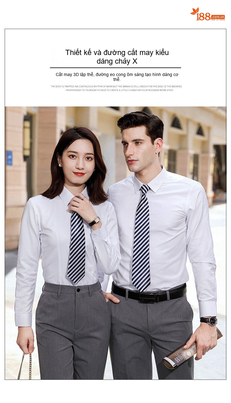 Áo Sơ Mi Dài Tay Nam Nữ Không Nhăn Phong Cách Công Sở Thêu Logo Màu Trắng, Xanh chi tiết 4