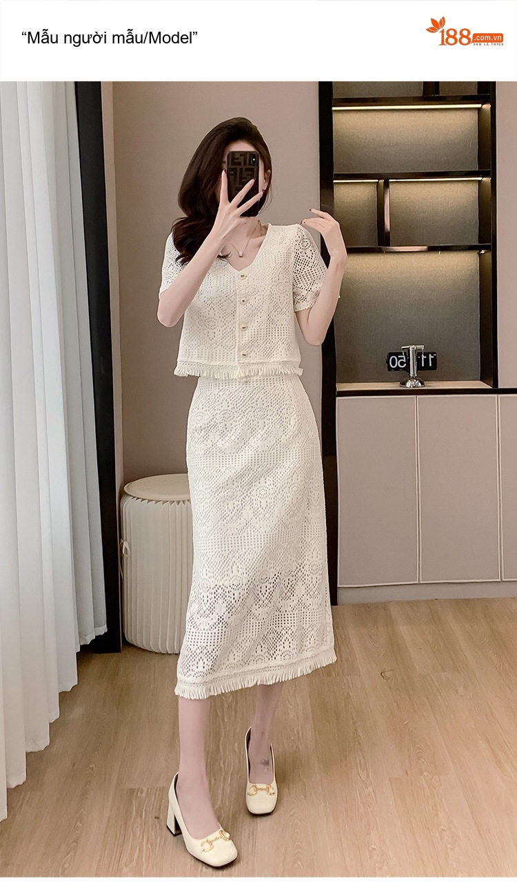 Set Bộ Áo Ren Cộc Tay Và Chân Váy Dáng Dài Đi Biển Phong Cách Pháp Màu Trắng chi tiết 9