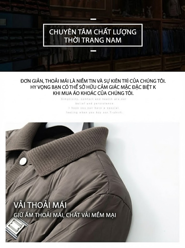 Áo Khoác Phao Nam 90% Lông Vịt Cổ Bẻ Gân Bo Tay Phong Cách Công Sở Màu Nâu, Xám chi tiết 6