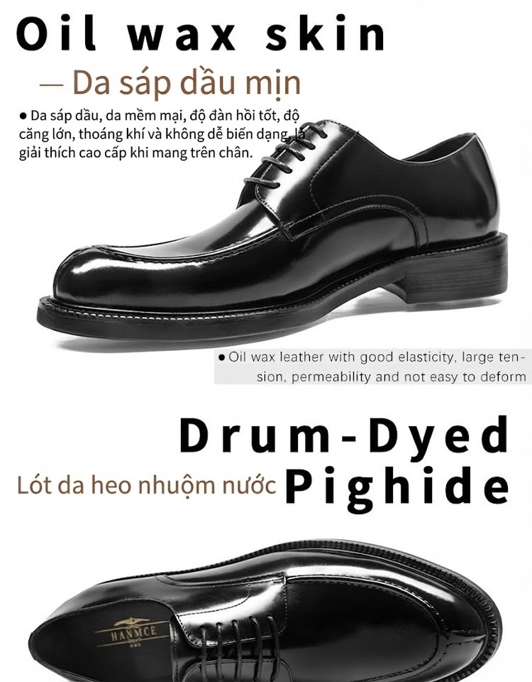 Giày Tây Buộc Dây Nam Da Bóng Chiều Cao Đế Khoảng 3cm Màu Đen chi tiết 4