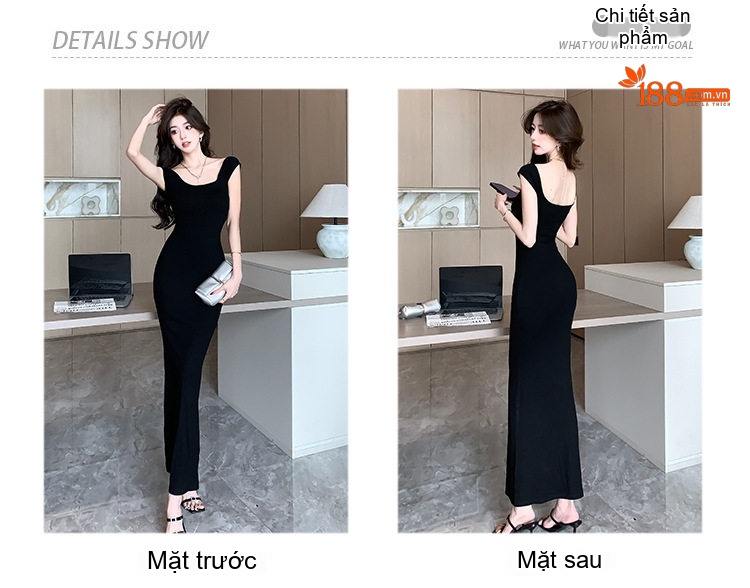 Váy Ôm Body Hở Vai Dáng Dài Màu Đen chi tiết 3