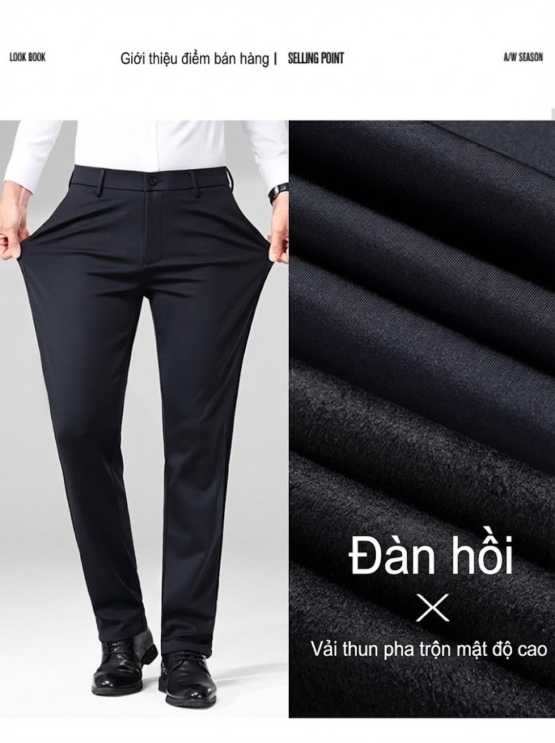 Quần Tây Nam Dáng Suông Dài Co Giãn Lót Lông Giữ Nhiệt Màu Đen chi tiết 7