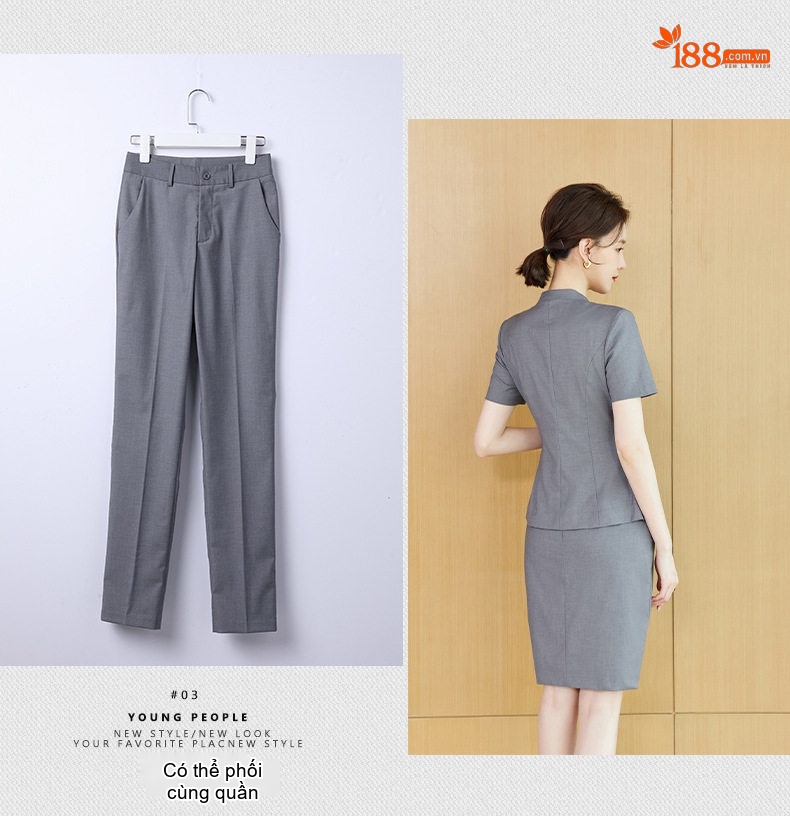 Bộ Vest Công Sở Nữ Tay Ngắn Cao Cấp, Sang Trọng Màu Xám, Xanh Navy chi tiết 14