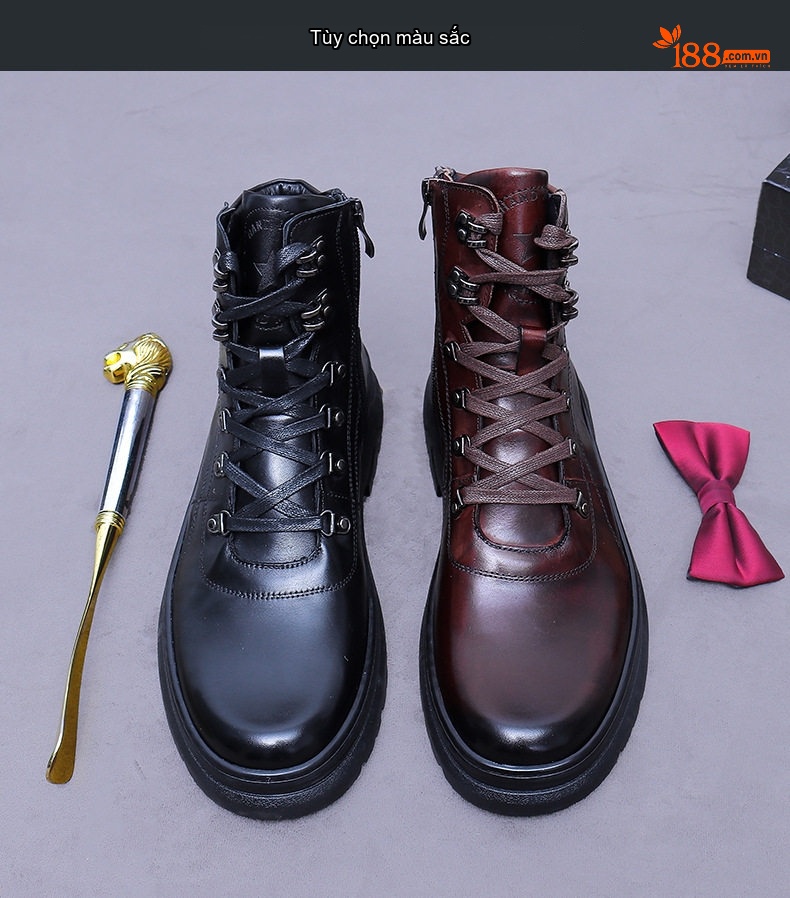 Giày Boot Nam Da Bò Cổ Cao Đế Dày Chiều Cao Đế Khoảng 5cm Phong Cách Anh Quốc Màu Đen, Nâu chi tiết 3