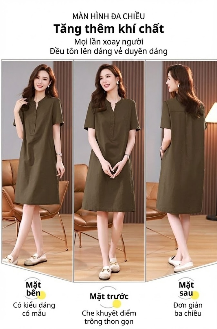 Váy Midi Nữ Cổ chữ V Tay Ngắn Phong Cách Retro Thanh Lịch Cotton Màu Xanh Rêu, Xanh Lá, Tím, Xanh Navy... chi tiết 4