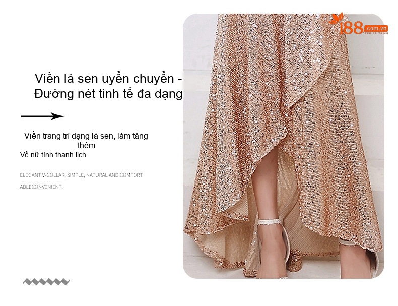 Váy Dạ Hội Nữ Đuôi Cá Tay Lỡ Đính Kim Sa Lấp Lánh Phong Cách Sang Trọng Màu Vàng Đồng, Bạc, Đỏ chi tiết 5