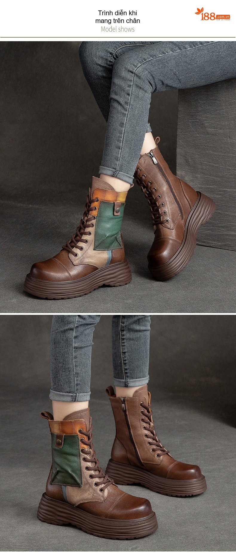 Boot Nữ Cổ Cao Đế Dày Phong Cách Retro Chiều Cao Đế Khoảng 5cm Màu Nâu, Xám, Vàng, Xanh Lá... chi tiết 8
