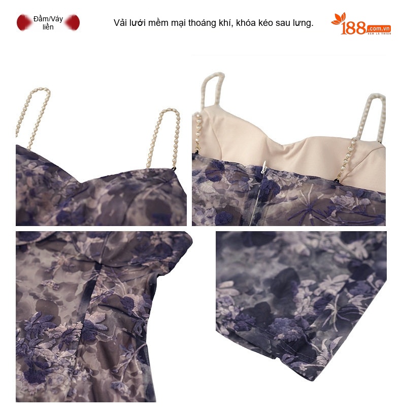 Váy Hai Dây Nữ Hoa Nhí Dáng Dài Xòe Đuôi Cá Sexy Màu Tím, Trắng chi tiết 4