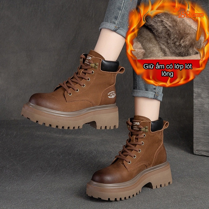 Giày Martin Nam Cổ Cao Lót Lông Giữ Ấm Phong Cách Biker Chiều Cao Đế Khoảng 5cm Màu Nâu, Đỏ, Xám...