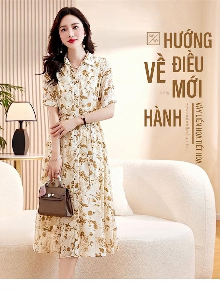 Váy Sơ Mi Nữ dáng chữ A Midi Tay Ngắn Họa Tiết Hoa Nhí Thắt Eo Thanh Lịch Màu Trắng, Vàng chi tiết 1