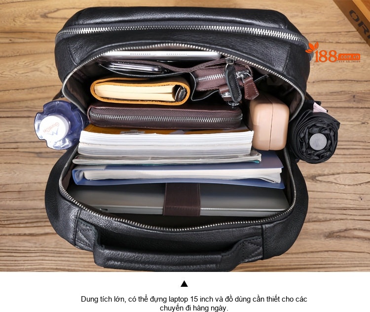 Balo Da Bò Hai Quai Nam Thủ Công Dung Tích Lớn Đựng Laptop Màu Đen chi tiết 15