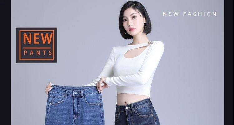 Quần Jean Nữ Ống Đứng Lưng Cao Co Giãn Màu Xanh Denim chi tiết 1