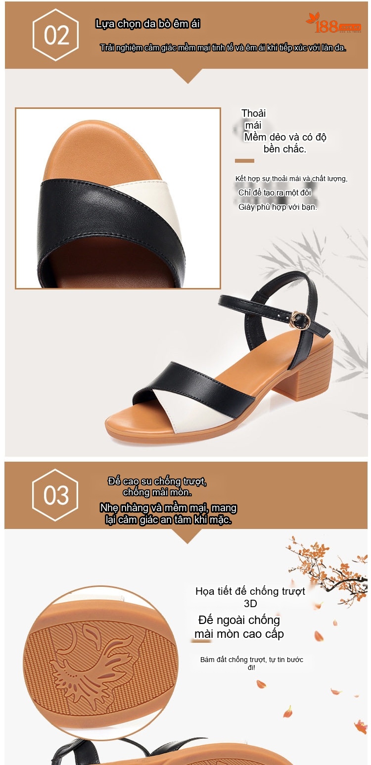 Giày Sandal Cao Gót Nữ Quai Ngang Khóa Cài Gót Vuông Da Bóng Gót Cao 7cm - 8cm Màu Đen, Nâu, Kem chi tiết 5