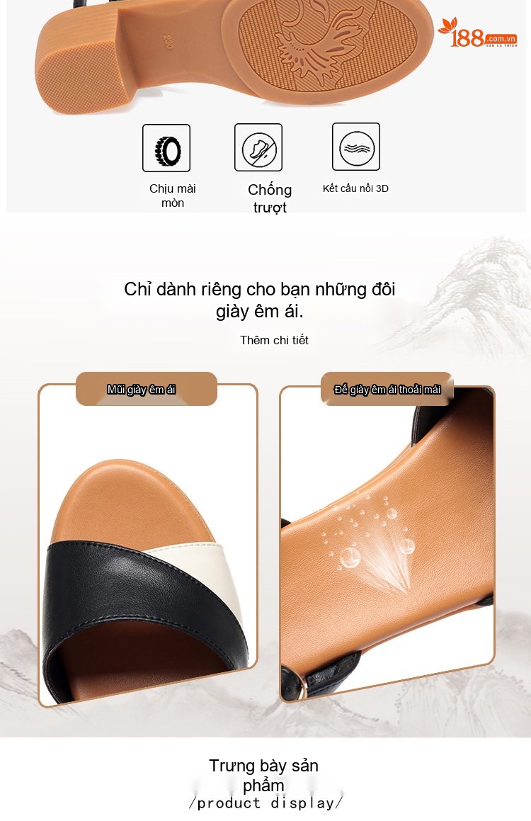 Giày Sandal Cao Gót Nữ Quai Ngang Khóa Cài Gót Vuông Da Bóng Gót Cao 7cm - 8cm Màu Đen, Nâu, Kem chi tiết 6