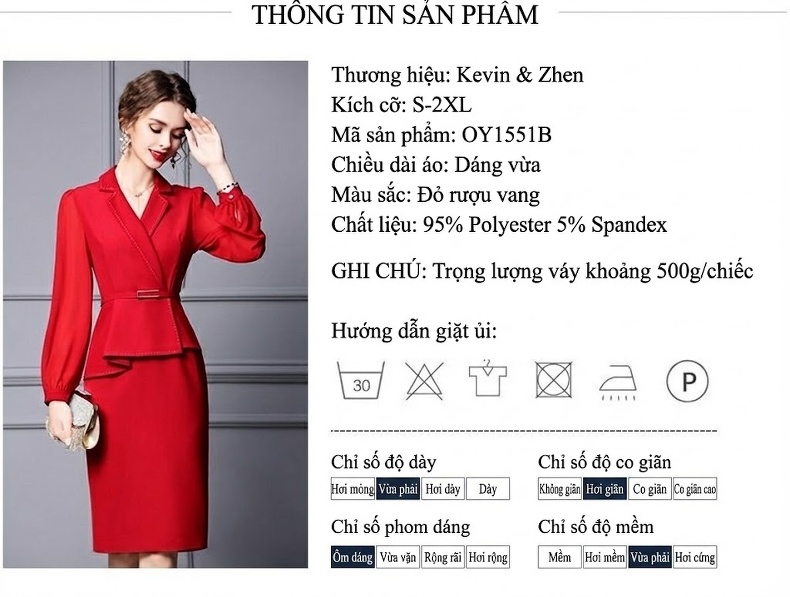 Váy Liền Thân Nữ Dáng Ôm Chiết Eo Cổ chữ Vest Tay Dài Màu Đỏ, Tím chi tiết 19