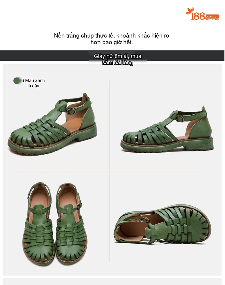 Dép Sandal Nữ Da Heo Quai Lồng Đế Cao 3cm - 4cm Màu Nâu, Xanh Lá, Trắng chi tiết 17